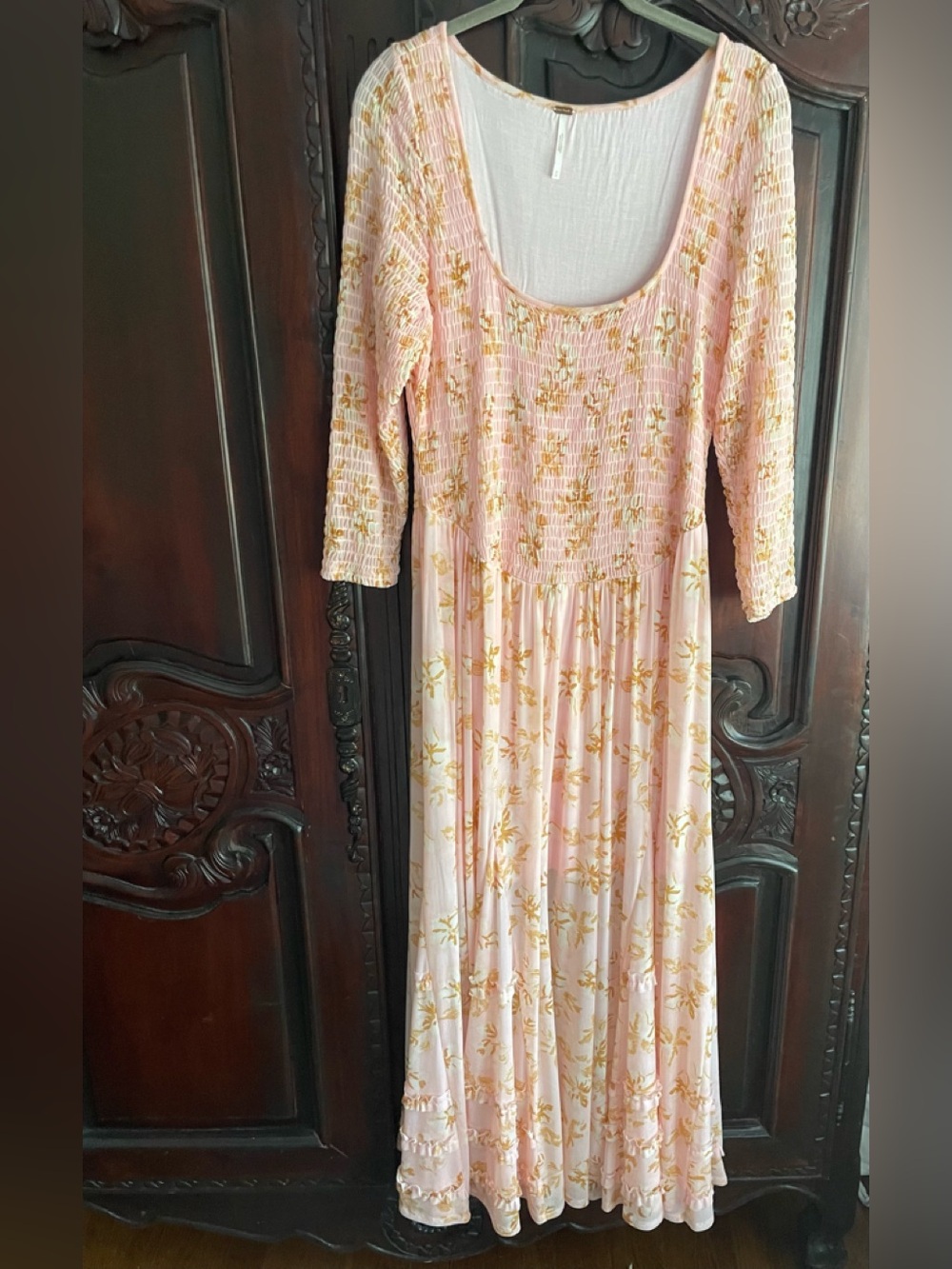 Free People Pale Pink Maxi Dress with Gold Floral Print